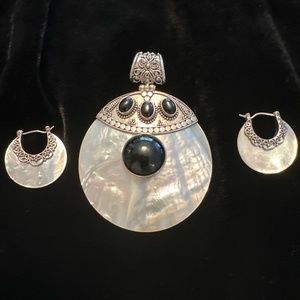 Vintage Sterling Mother of Pearl W/ Rich Black Onyx 2.75" Pendant & Earrings Set